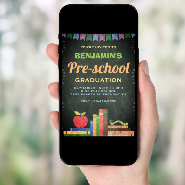 Cute Chalkboard Preschool Graduation Invitation (Front Digital)