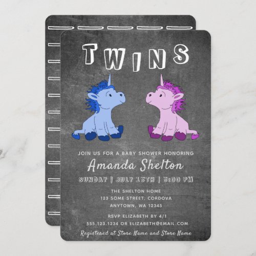 Cute Chalkboard Unicorn Boy Girl Twins Baby Shower Invitation