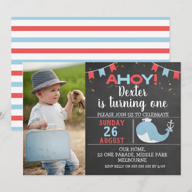 Cute Chalkboard Whale Photo Birthday Invitation (Front/Back)