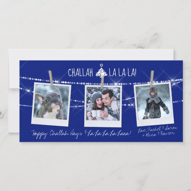 Cute Challah Days La La La 3-Photo Holiday Card (Front)
