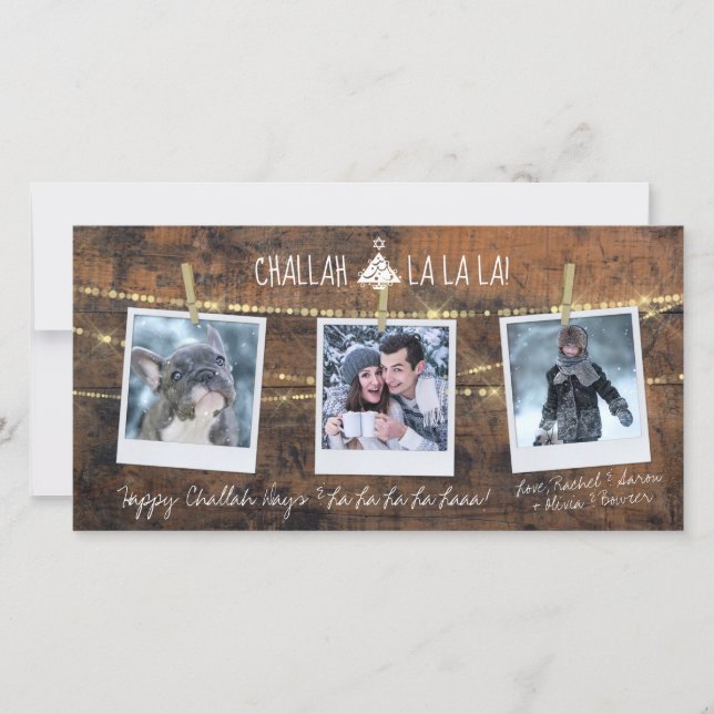 Cute Challah Days La La La 3-Photo Holiday Card (Front)