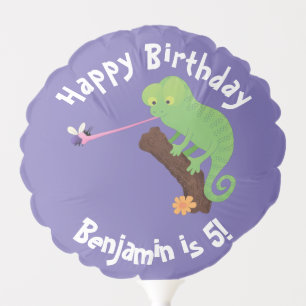 Cute chameleon catching a bug cartoon balloon