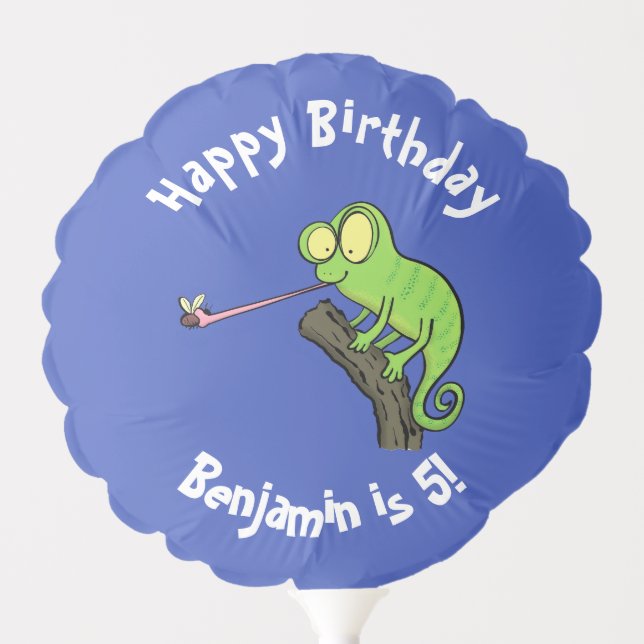 Cute chameleon catching a bug cartoon balloon (Front)