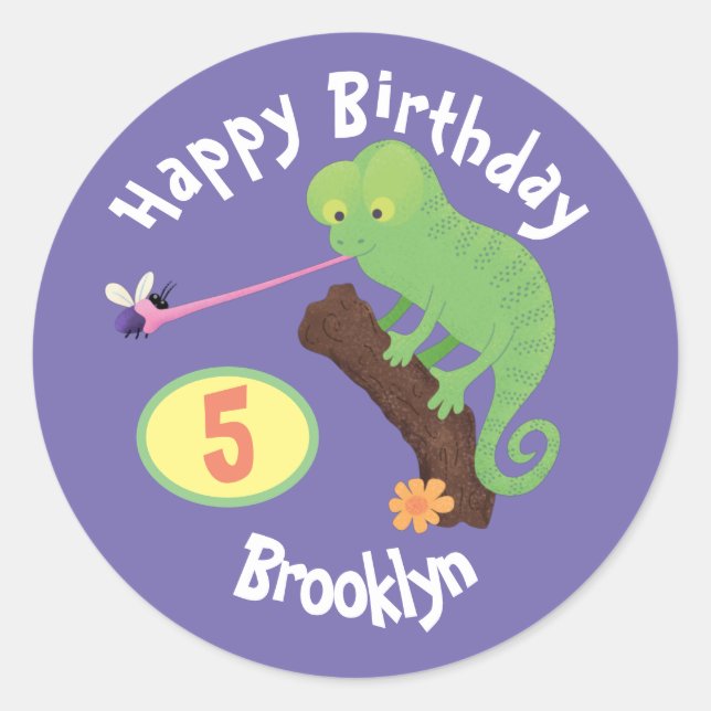 Cute chameleon catching a bug cartoon birthday classic round sticker (Front)