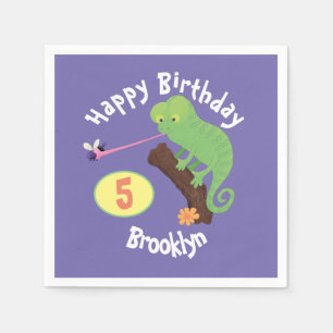 Cute chameleon catching a bug cartoon birthday napkins