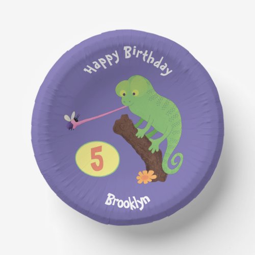 Cute chameleon catching a bug cartoon birthday paper bowls