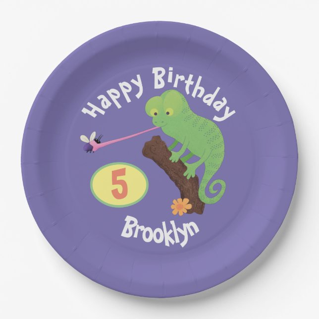 Cute chameleon catching a bug cartoon birthday paper plates (Front)