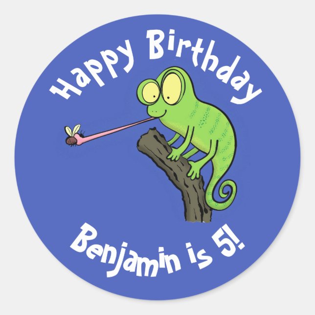 Cute chameleon catching a bug cartoon classic round sticker (Front)