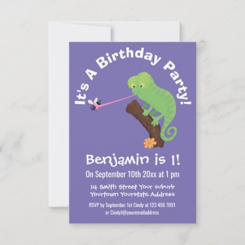 Cute chameleon catching a bug cartoon invitation