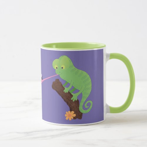 Cute chameleon catching a bug cartoon mug