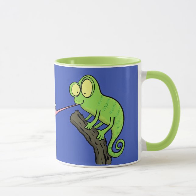 Cute chameleon catching a bug cartoon mug (Right)