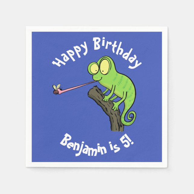 Cute chameleon catching a bug cartoon napkins (Front)
