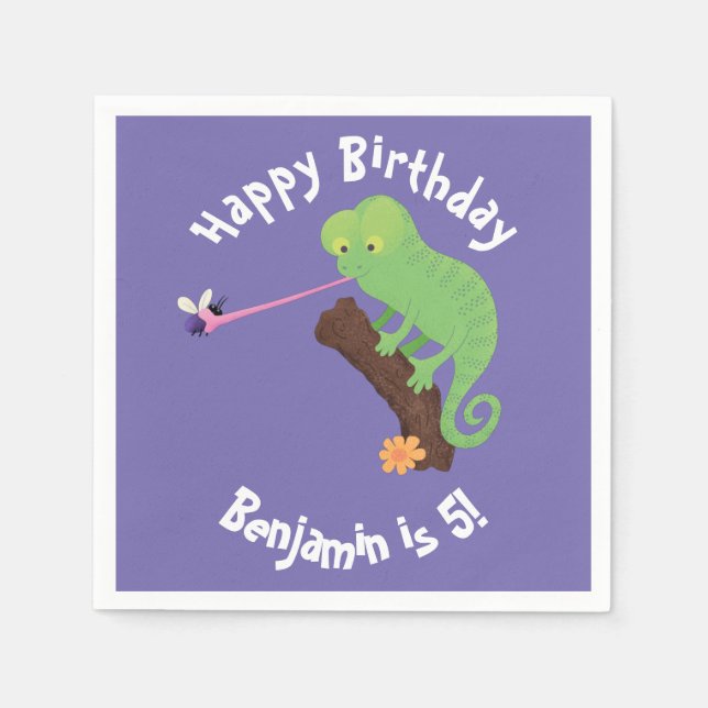 Cute chameleon catching a bug cartoon napkins (Front)