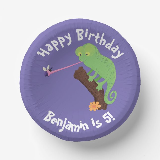 Cute chameleon catching a bug cartoon paper bowls (Front)