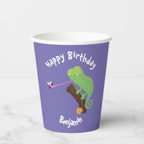 Cute chameleon catching a bug cartoon paper cups