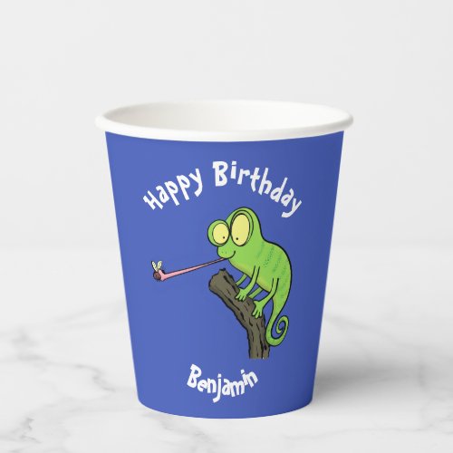 Cute chameleon catching a bug cartoon paper cups