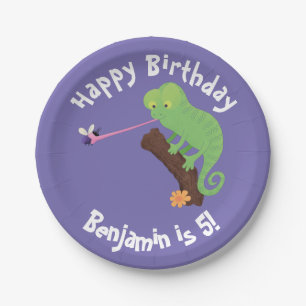 Cute chameleon catching a bug cartoon paper plates