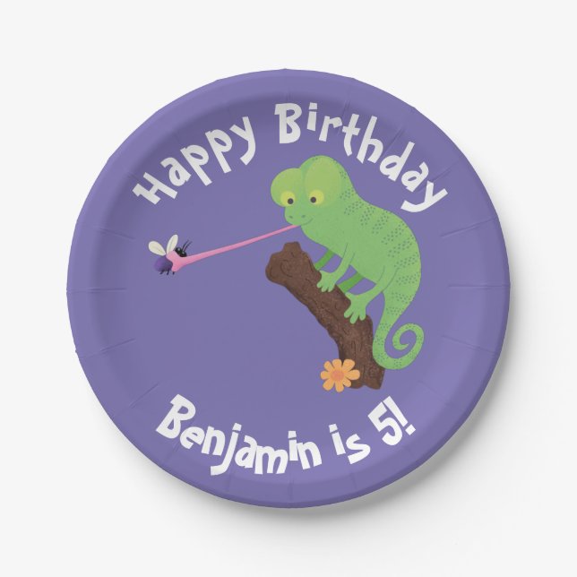 Cute chameleon catching a bug cartoon paper plates (Front)