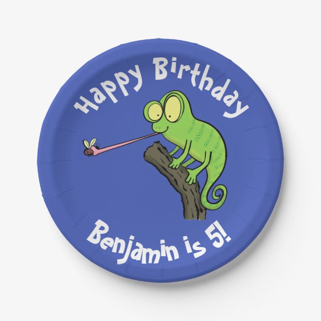 Cute chameleon catching a bug cartoon paper plates (Front)