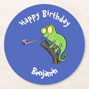 Cute chameleon catching a bug cartoon round paper coaster