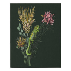 Cute Chameleon in Botanical Protea Floral Bouquet  Faux Canvas Print