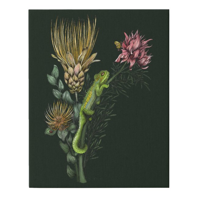 Cute Chameleon in Botanical Protea Floral Bouquet  Faux Canvas Print (Front)