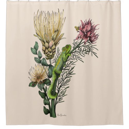 Cute Chameleon in Floral Bouquet Botanical Art Shower Curtain