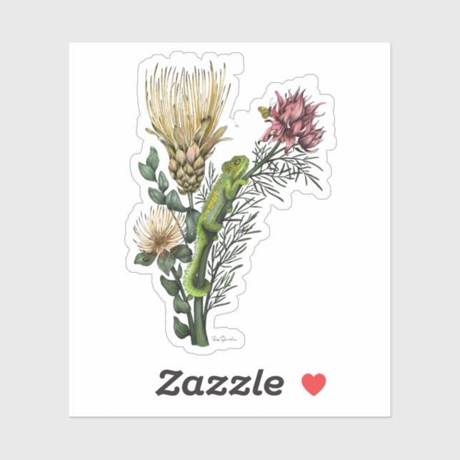 Cute Chameleon in Floral Bouquet Botanical Art Sticker (Sheet)