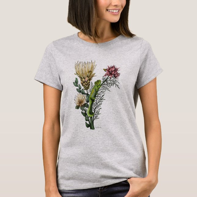 Cute Chameleon in Floral Bouquet Botanical Art T-Shirt (Front)