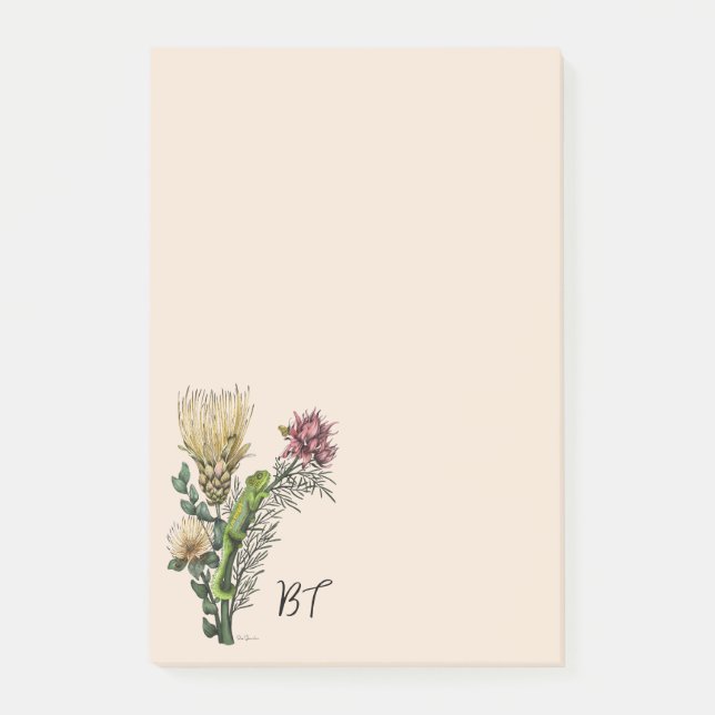 Cute Chameleon in Pink Floral Bouquet Personalized Post-it Notes (Front)