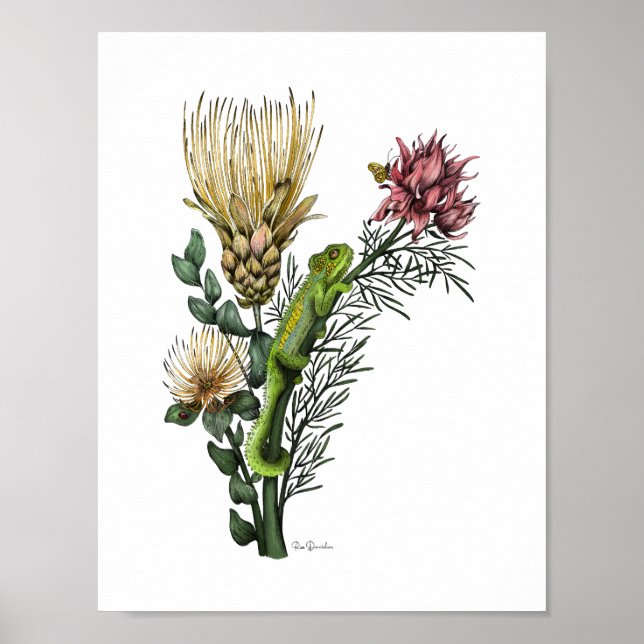 Cute Chameleon in Protea Floral Bouquet Botanical  Poster (Front)