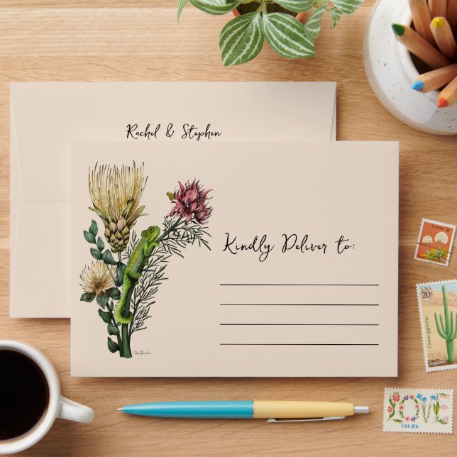 Cute Chameleon in Protea Flowers Botanical Art Envelope (Desk)