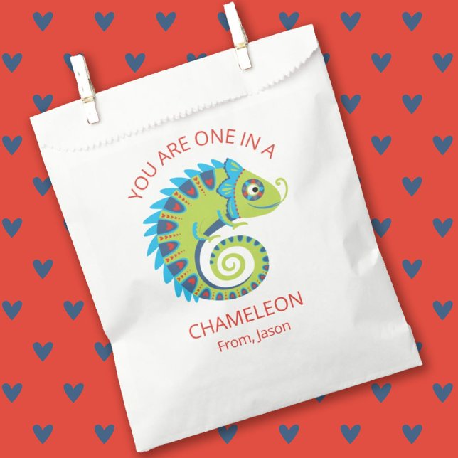Cute Chameleon Kids Valentines Day Classroom Favor Bag (A cute kids classroom Valentines Day Treat bag featuring a chameleon.)