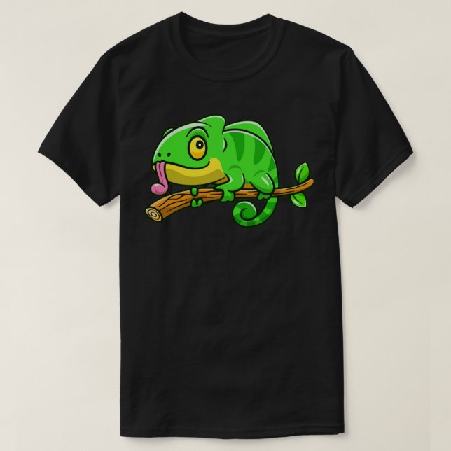 Cute Chameleon On The Tree Cartoon T-Shirt (Design Front)