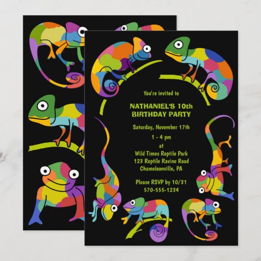 Cute Chameleons Colorful Kids Birthday Party Invitation | Zazzle