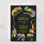 Cute Chameleons Colorful Kids Birthday Party Invitation<br><div class="desc">Throw a fun birthday party with a wild chameleons or reptile theme. These party invitations are perfect for kids birthday parties and feature cute cartoon illustrations of chameleons in bright and vibrant colors set against a black background. Your party details appear in coordinating lime green lettering.</div>