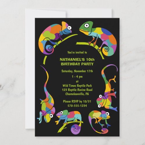 Cute Chameleons Colorful Kids Birthday Party Invitation
