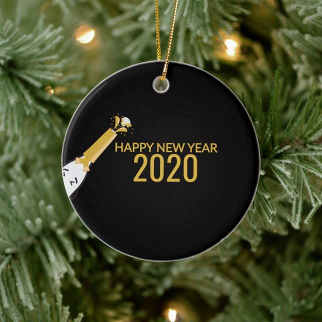 Cute Champagne Bottle And Happy New Year 2020 Ceramic Ornament (Tree)