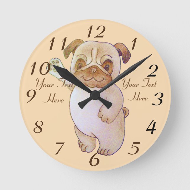 cute character drawing of dog waving brown pug round clock (Front)