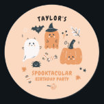 Cute Characters Halloween Birthday Party Classic Round Sticker<br><div class="desc">This cute and modern sticker is perfect to celebrate a kids Halloween costume birthday party. It features typical Halloween characters such as ghosts, witch, pumpkin, spider, and bat; drawn in a kids friendly style. Other Halloween and Fall season elements such as leaves and candy complete this attractive design. This gender...</div>