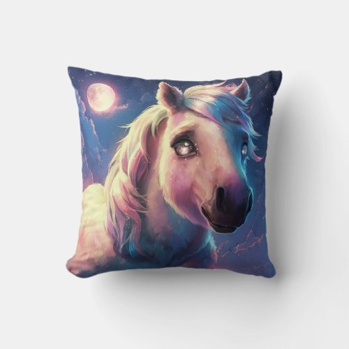 Cute Charming Beautiful Horse under Full Moon  Throw Pillow