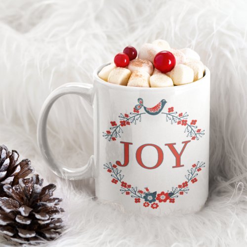 Cute Charming Bird on Wreath and Joy Word Art Coffee Mug