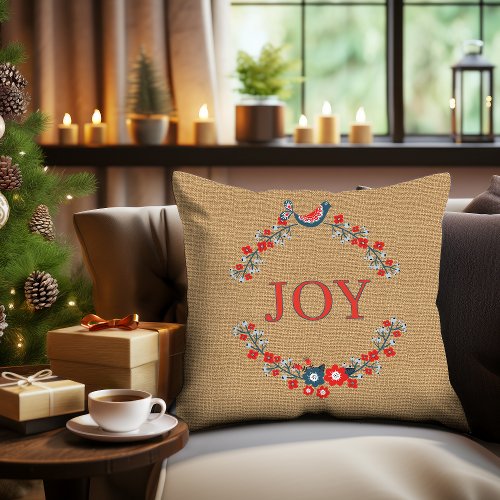Cute Charming Bird On Wreath Joy Cabin Home Decor Throw Pillow
