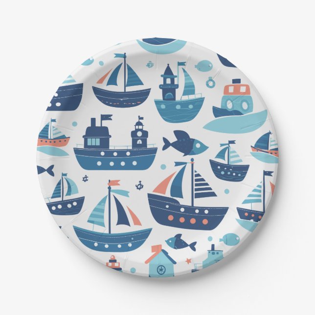 Cute Charming Boats, Ships and Fish Paper Plates (Front)