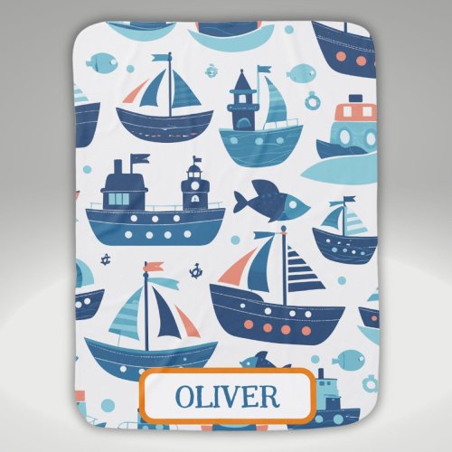 Cute Charming Boats Ships and Fish Personalized Baby Blanket