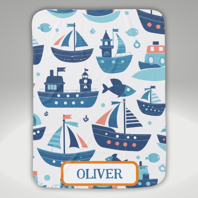 Cute Charming Boats, Ships and Fish Personalized Baby Blanket (Creator Uploaded)