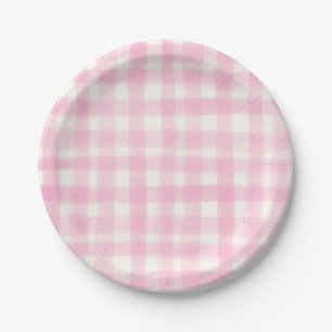 Cute Charming Girly Pink Hand-Drawn Gingham Paper Plates