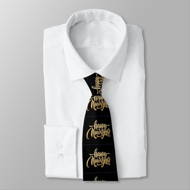 Cute Charming Happy New Year Gold On Black Neck Tie (Tied)
