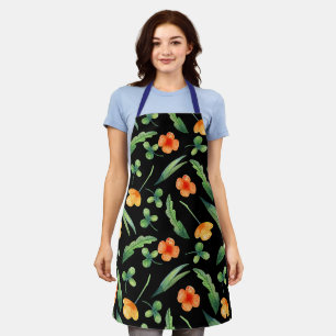 Cute & Charming Orange Floral Kitchen Black Chef Apron