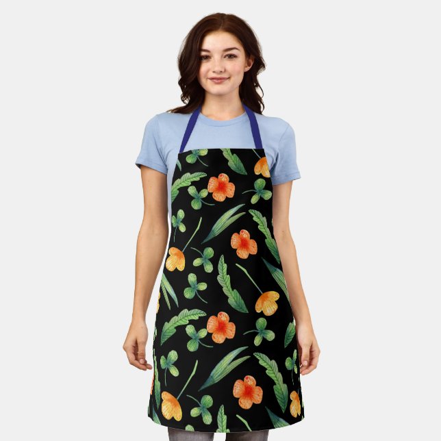 Cute & Charming Orange Floral Kitchen Black Chef Apron (Worn)